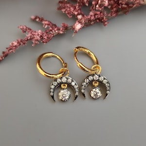 Half moon Moissanite button back Georgian cut down Huggie,2 in 1  statement earring, blackened gold earrings.