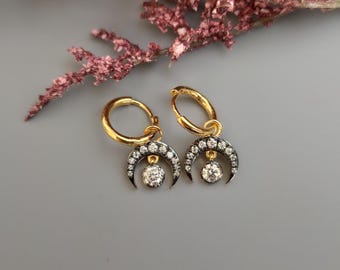 Half moon Moissanite button back Georgian cut down Huggie,2 in 1  statement earring, blackened gold earrings.