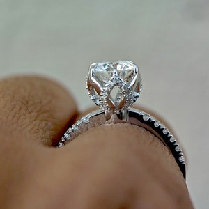 Tulip Pave basket Round  with French Pave Band Moissanite Solitaire Engagement Ring, Lotus Prong with flower basket Promise\proposal Ring.