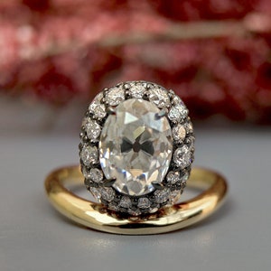 Floating Old mine cut Oval Halo set Georgian Moissanite Solitaire Engagement ring, Ring for her, right hand ring, Vintage Pave basket ring
