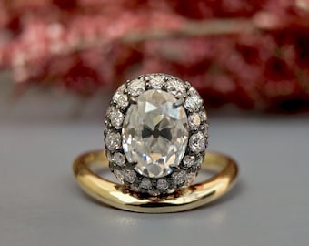 Floating Old mine cut Oval Halo set Georgian Moissanite Solitaire  Engagement ring, Ring for her, right hand ring, Vintage Pave basket ring