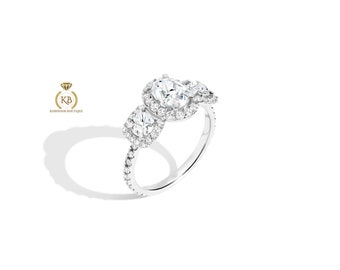 Pavé Oval Cut Tri-Diamond Ring, Triple Halo 3 stone moissanite diamond engagement ring available in 10/14/18 Karat Gold