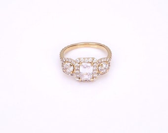 Pavé Emerald Cut Tri-Diamond Ring, Triple Halo 3 stone moissanite diamond engagement ring available in 10/14/18 Karat Gold