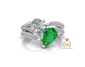 Pear Moissanite & Emerald Toi Et Moi moissanite two stone Engagement Ring, wedding\proposal Ring, gift for her,