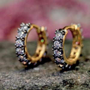 Georgian cut-down set huggie, Georgian-era Moissanite full Hoops, statement earring, blackened gold earrings.