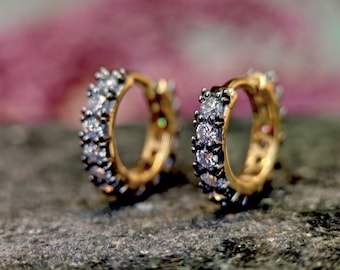 Georgian cut-down set huggie, Georgian-era Moissanite full Hoops, statement earring, blackened gold earrings.