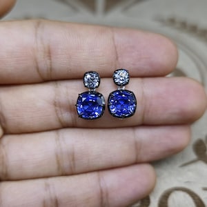 Georgian cut down button back set cushion moissanite and lab grown sapphire earrings, Earrings for women