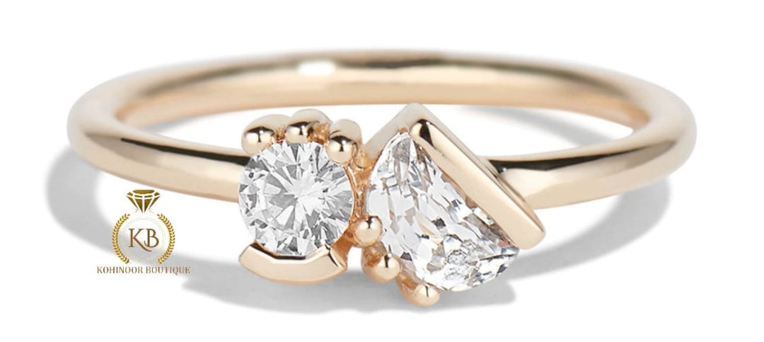 Half Moon and Round Moissanite Toi Et Moi 2 Stone Engagement Ring can