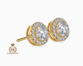 Moissanite Earrings, Halo Moissanite Stud Earrings, Round Moissanite Earrings, Gold Moissanite Earrings, Customized Earrings