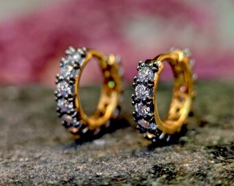 Georgian cut-down set huggie, Georgian-era Moissanite full Hoops, statement earring, blackened gold earrings.