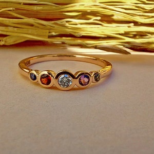 Five gemstone band with center moissanite stone, Promise or Wedding ring alternative, 5 stone Anniversary Band, Minimalist Stackable band
