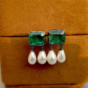 Lab grown Emerald with inclusion Georgian cut down Emerald studs with dangling pearl, statement earring, blackened gold earrings.
