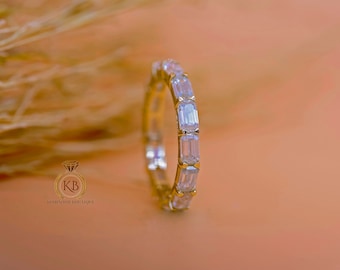 East West Set Emerald Cut Moissanite wedding band, ised in Full\Half Eternity Ring,Stackable moissanite band,Anniversary Gift for wife