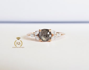 Round Salt and Pepper Natural Diamond & Side Marquise Moissanite diamond Cluster Engagement\Wedding\Proposal\Promise ring 10k\14k\18k Gold