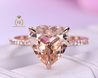 Heart shaped Morganite with Side moissanite Diamond Pave Engagement Ring,Art Deco Ring 10k\14k\18k White\Rose\Yellow Gold