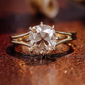 Old Mine Cushion Cut OMC Moissanite Solitaire Engagement ring, Split shank Vintage statement ring, Ring for her, Anniversary Gift for wife