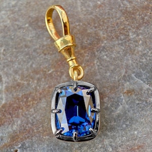 Elongated Cushion Cut Blue Moissanite Pendant, Collet set Georgian cut down set Pendant without chain, Blackened gold pendant