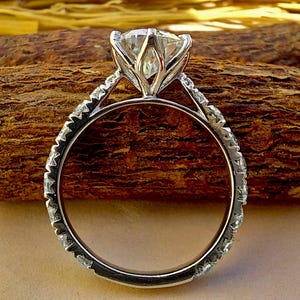 Tulip Lotus Prong French Pave Band Round Moissanite Solitaire Engagement Ring,flower basket  Promise\proposal Ring.