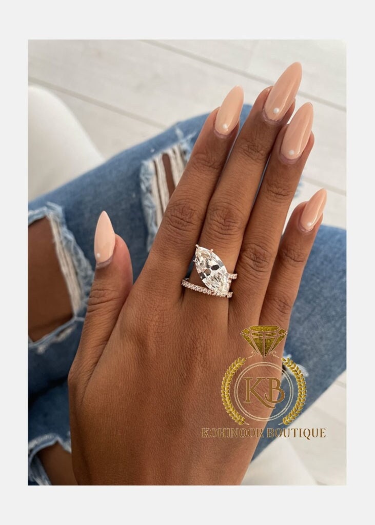 Unique Tilted Floating Marquise Cut Moissanite Double Band Solitaire Engagement\Bridal\propose\anniversary Ring
