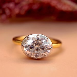 East west set Oval Moissanite Button Back Georgian Cut Down Set Solitaire Engagement ring, ring for women, Ring for her.