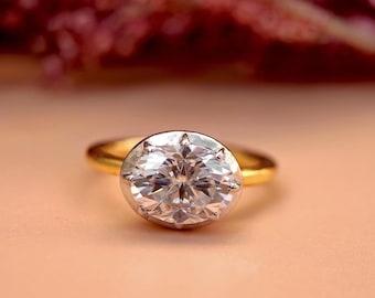 East west set Oval Moissanite Button Back Georgian Cut Down Set Solitaire Engagement ring, ring for women, Ring for her.