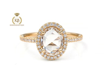 Vintage Rose Cut Oval Moissanite Diamond Halo with Side Pave Engagement\Proposal Ring in 18k\14k\10k White\Yellow\Rose Gold