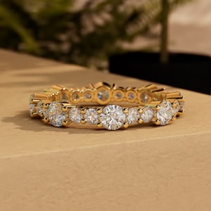 Round Cut Moissanite Wedding Band, stackable Bridal ring available in 18k\14k\10k and White\Yellow\Rose Gold, Silver, Platinum