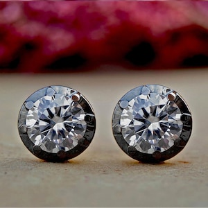 Round Moissanite button back Georgian cut down studs, statement earring, blackened gold earrings, studs earrings for women
