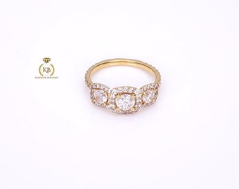 Pavé Round Cut Tri-Diamond Ring, Triple Halo 3 stone moissanite diamond engagement ring available in 10/14/18 Karat Gold