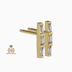 Baguette Moissanite 3 stone, Huggie, dangle, short drop earrings, earring for women girls, gift for wife, daughter, sister, mom