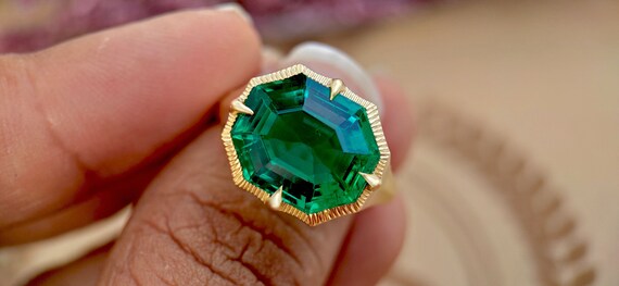 Lab Emerald Georgian cut down Compass prongs set Knife edge Signet Solitaire pinky finger ring in matt\Glossy finish, Ring for her\Women