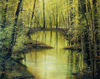 Original Forest Landscape Acrylic Painting: Nature Wall Art, 36x24 in