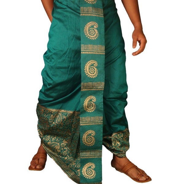 groene gouden blok gedrukte Dhoti | etniciteit Indiase kleding | weefkleding | Dhoti voor mannen/dhoti kurta/festivalkleding