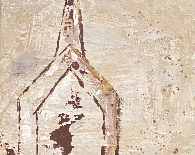 Palette Knife Church Painting: Textured Acrylic on Wood (8x8)