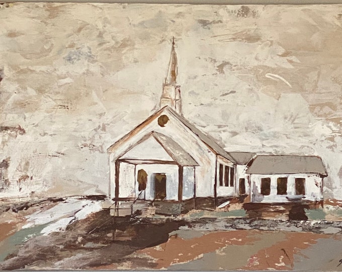 Church on the Hill” original palette knife painting. Acrylic on stretched canvas. 24”x35-3/4”x3/4”