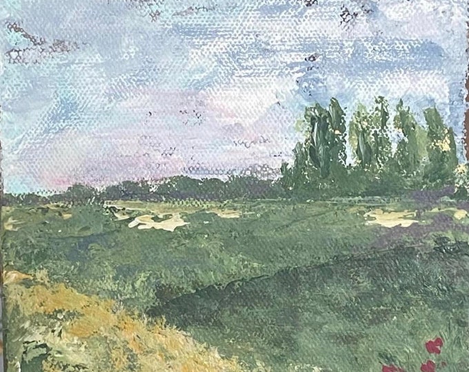 Across the Meadow, original painting, acrylic on canvas, 6”x6”x1.5”