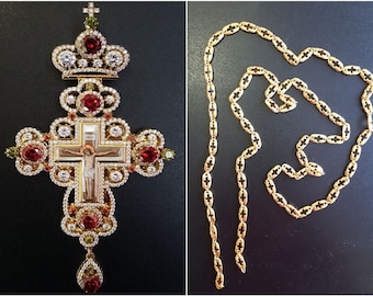 Cruz pectoral de oro. Colgante de cruz de sacerdote ortodoxo ruso de latón. Regalo Religioso para los Obispos. (#0154)