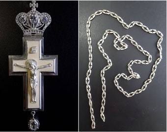 Cruz Pectoral Episcopal con Crucifijo de Nuestro Señor Jesucristo en plata fundida. Colgante de cruz ortodoxa rusa de latón. (#0196)