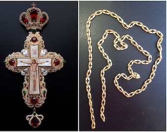 Cruz pectoral. Colgante de crucifijo de latón ortodoxo ruso. Regalo para el obispo. (#0214)