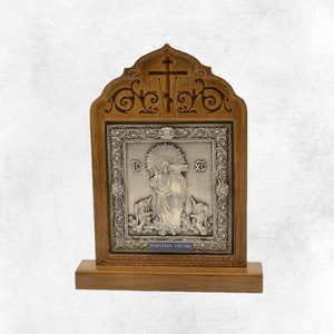Russian Orthodox table Icon of Resurrection of Jesus. Silver plated copper. Wooden oak kiot 5.70&quot; 4.13&quot;.