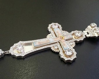 Crucifijo pectoral ortodoxo ruso de Nuestro Señor Jesucristo. Colgante de cruz de latón para obispos. Regalo religioso para el sacerdote. (#0142)