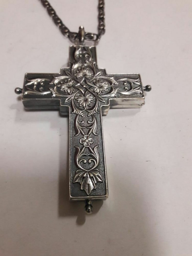 Orthodox Pectoral Crossreliquary. Russian Silver Brass Relic Cross