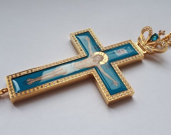 Cruz pectoral. Colgante de crucifijo de cruz de latón dorado ortodoxo ruso. Regalo Religioso para el sacerdote. (#0101,#0183)