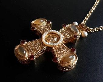 Cruz Pectoral de Oro. Colgante de crucifijo de latón ortodoxo ruso. Regalo Religioso para el sacerdote. (#0179)