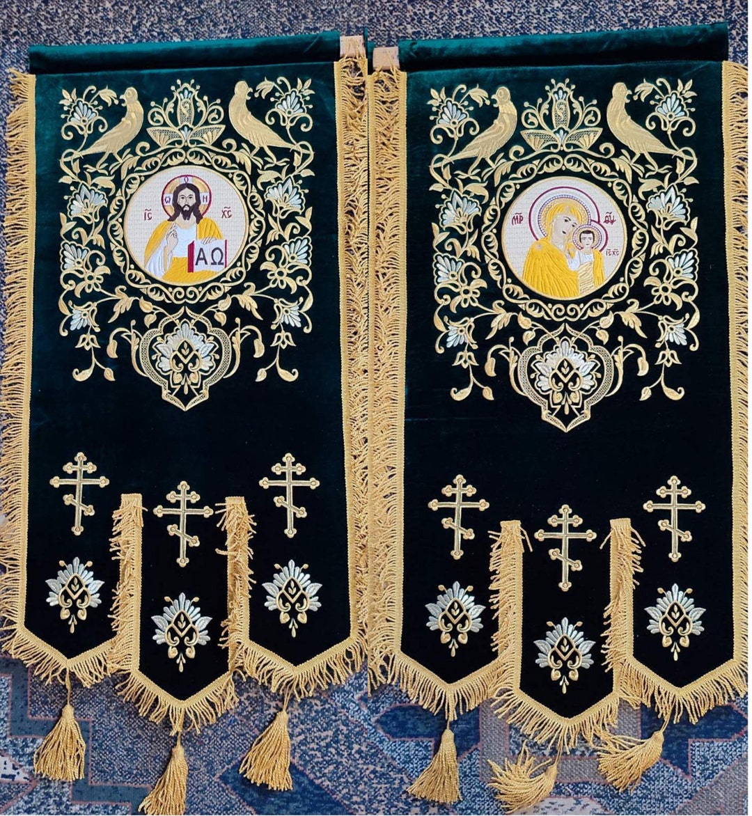 Fully Embroidered Gonfalon Religious Pennant, Hanging Flag, Banner