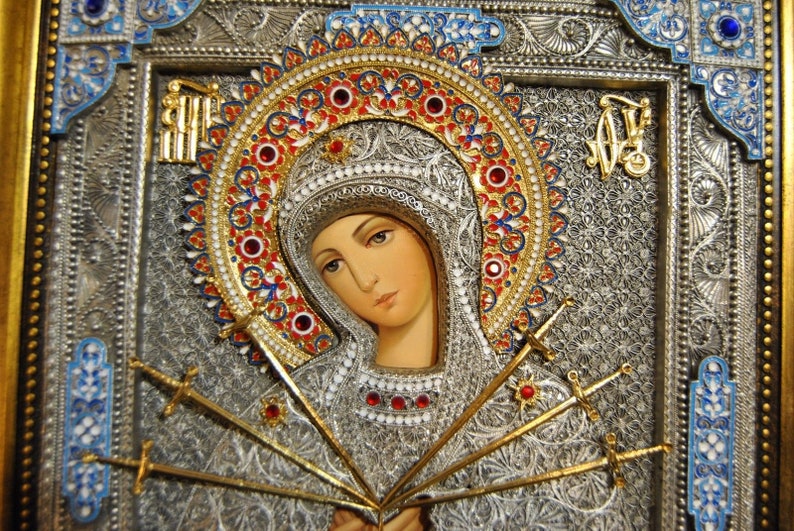 Orthodox Icon of the Mother of God Of the Seven Arrows 19.30/15.75 image 3