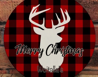 Red and Black Plaid Deer head Merry Christmas 12.5" round door hanger, Sublimation Design