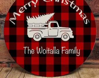 Red and Black Buffalo Plaid Merry Christmas truck with tree 12.5" round door hanger, Sublimation Design