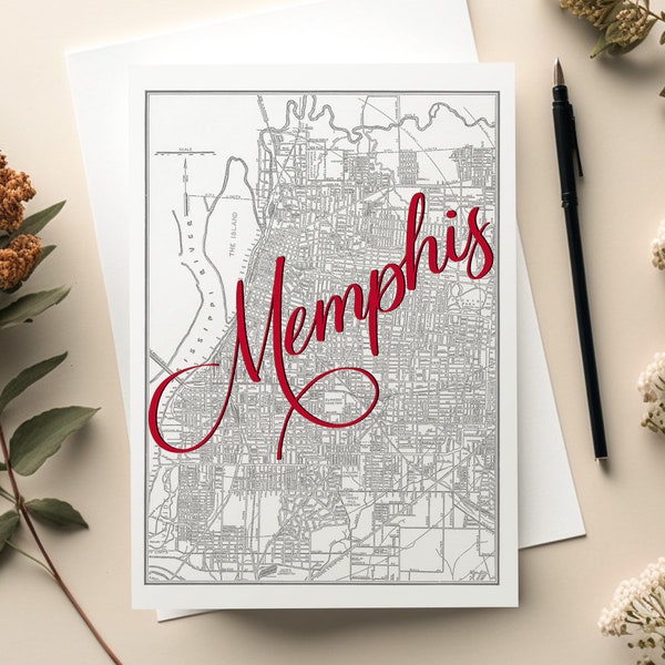 Memphis, Tennessee Vintage Map Greeting Card, Blank Inside