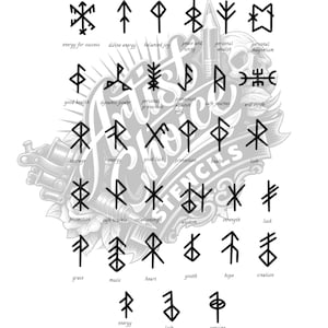 Puede incluir: Ilustración en blanco y negro de varias runas nórdicas con sus significados. La imagen incluye runas para la energía, la protección, el amor y otros conceptos. Una máquina de tatuaje está en el fondo.